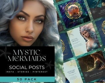 Mystic Mermaids Instagram Templates: Shimmery Green & Blue Social Media Bundle (Canva, Digital Download)