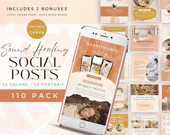 Plantillas de sonoterapia para redes sociales: 110 publicaciones de Canva (editables, descarga digital)