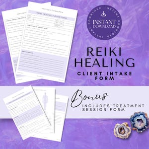 Op de afbeelding: Reiki Healing Intake Form om te printen met een bonus behandelsessieformulier. De formulieren zijn wit met zwarte tekst en bevinden zich op een paarse achtergrond met twee amethistkristallen.