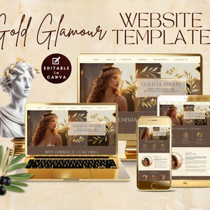 May include: A gold-themed website template design, displayed on a laptop, tablet, and smartphone. The design features the text "Gold Glamour" and "Website Template". A white bust and olive branch are also visible in the image.