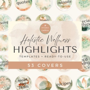 May include: 53 watercolor-style Instagram highlight covers with text such as "product highlights", "quotes", "retreats", "workshop", "astrolog insights", "community", "gift ideas", "meet the team", "recipes", "kid's wellness", "special offers", "our services", "co-working", and "the team".