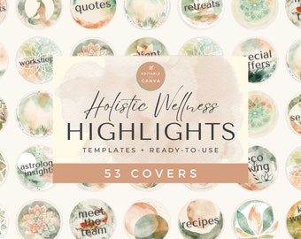 53 Holistic Wellness Highlight Covers | Watercolor IG Story Canva Template | Meditation, Yoga, Massage, Reiki, Spiritual