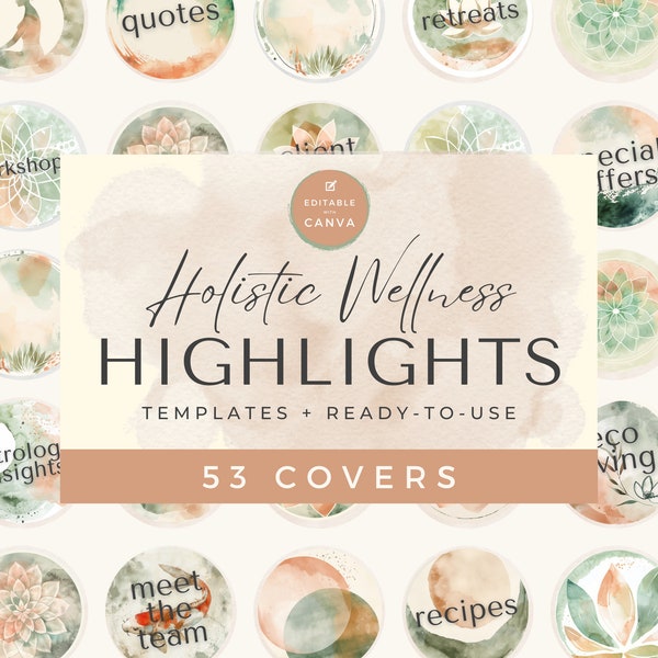 53 Holistic Wellness Highlight Covers | Watercolor IG Story Canva Template | Meditation, Yoga, Massage, Reiki, Spiritual