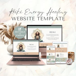 May include: A website template for Reiki energy healing practitioners. The template features a calming colour scheme with a light blue background and a pink laptop. The website design includes a header with the text "Reiki Energy Healing Website Template" and a section with the text "Reiki" and "Why Try Reiki".