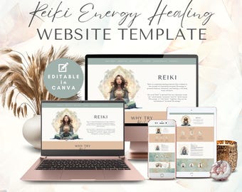 Reiki Website Landing Page Template | Energy Healing Business, Wellness or Spiritual Coach Canva Website Template | Sage Green Peach