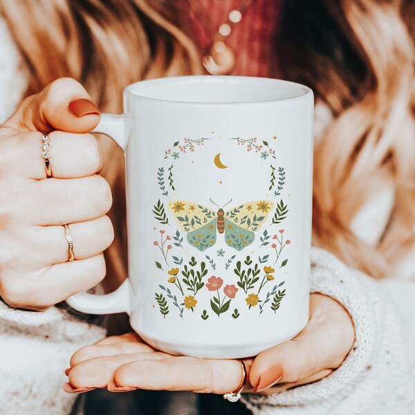 Butterfly coffee mug moth cottagecore mug large white tea mug boho butterfly gift for butterfly lover cute mug present for her