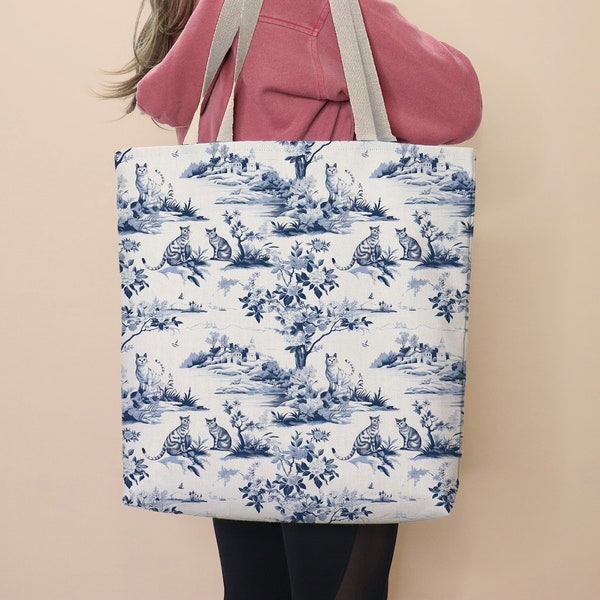 Chat Toile Tote Bag Toile Cat Bag School Tote Cat Lover Kitty Propriétaire Chat Maman Cadeau Toile de Jouy Tote Grocery Bag Work Tote Français Toile Bleu