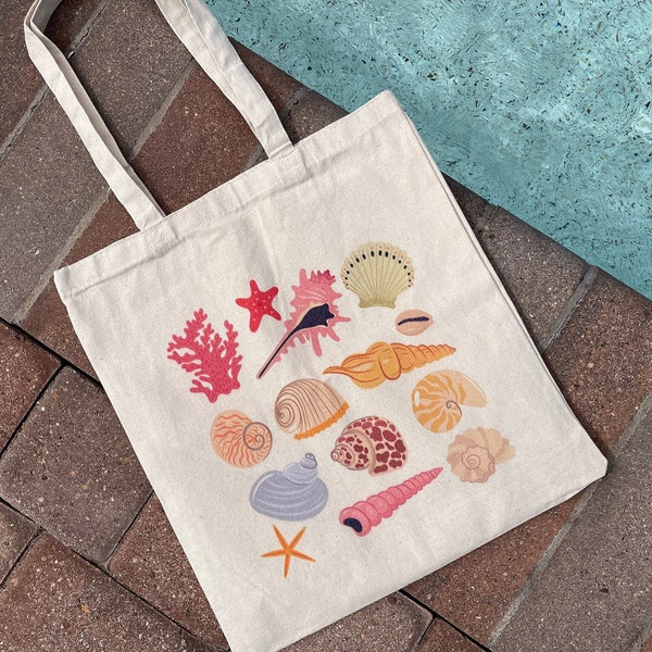 Beach Bachelorette party favor, Canvas Tote Bag cute beach tote for pool, Seashell sea ocean aesthetic bag, coastal grandmother school bag