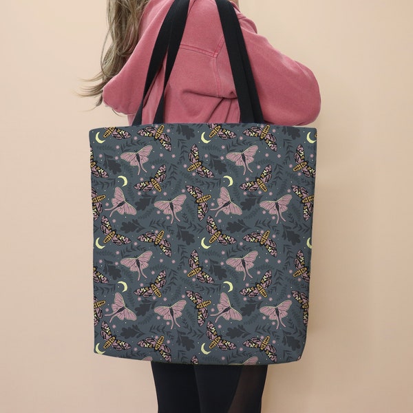 Moth Tote Bag Butterfly Bag School Tote Moth Gift for Her Cute Bag Moth Moon Night Everyday Tote Grocery Bag Moth Insect Work Tote Canvas