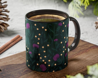 Thistle Mug Black Coffee Mug Thistle Cup Floral Black Handle Coffee Tea Mug Flower Lover Gift Dark Floral Thistle Flower Mug Cup Gardener