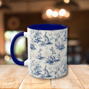 Rabbit Toile Mug Bunny Coffee Mug Toile Cup Rabbit Mug Blue Handle Coffee Tea Mug Rabbit Lover Gift Navy Blue Toile Bunny Mug French Toile