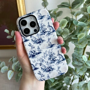 Rabbit Phone Case for iPhone 15 plus 14 max 13 pro 12 11 XS XR Phonecase Galaxy Pixel French Toile de Jouy Bunny Blue White Casing Gift