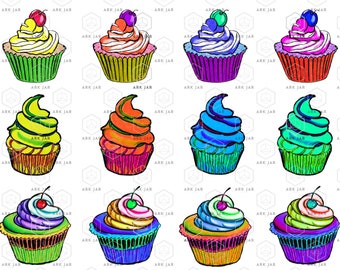 Cupcake Clip Art, I2 designs. Includes individual files plus composite of 12. PNG SVG JPG