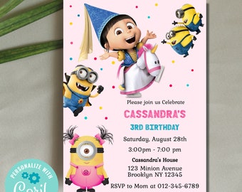 Minion Digital Birthday Invitation, Minion Cartoon Theme Birthday Party Invitation, Personalized Yellow and White Kids Birthday Invitation