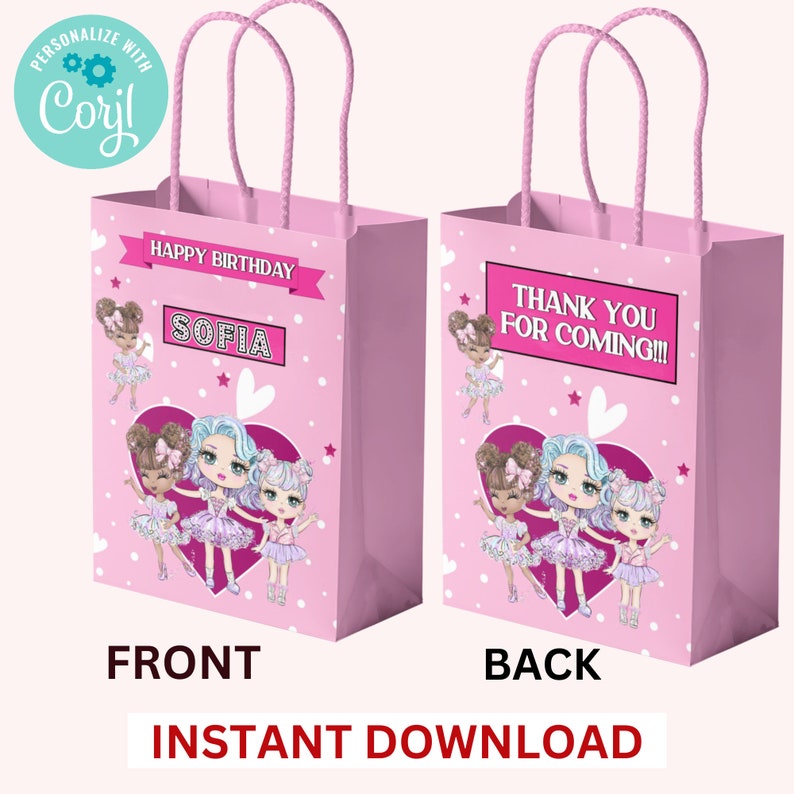 Doll Birthday Party Gift Bag, Cute Dolls Birthday Favor Bags, Editable