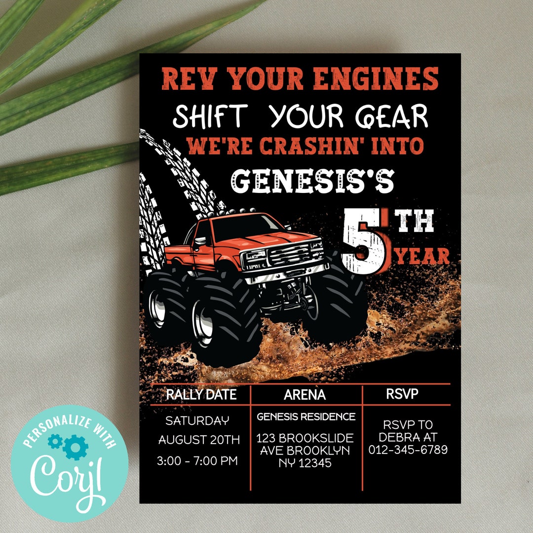 Monster Truck Birthday Invitation, Monster Truck Invite, Custom Boys ...