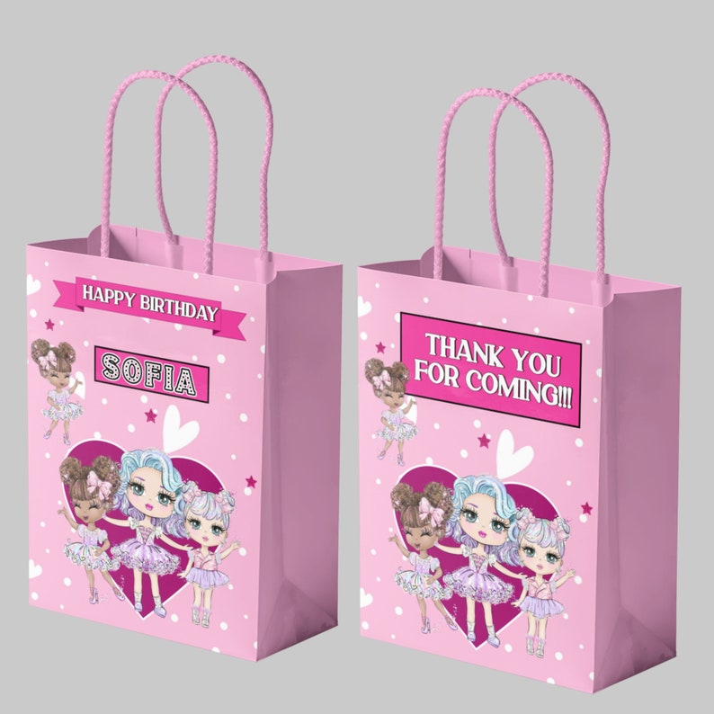 Doll Birthday Party Gift Bag, Cute Dolls Birthday Favor Bags, Editable