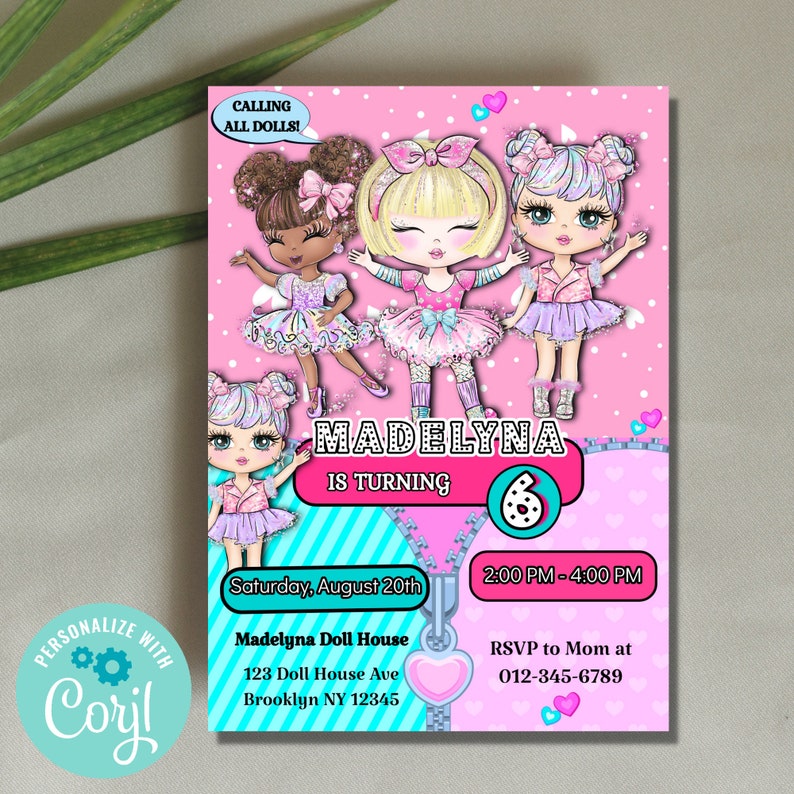 Doll Birthday Digital Invitation, Cute Dolls Birthday Cards, Editable