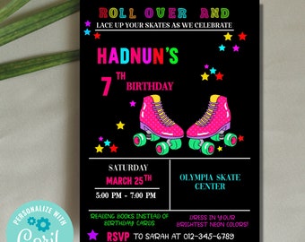 Digital Roller-skating Birthday party invitation, Roller-Skating Disco Party, Skate Boarding Birthday Invitation for Kids, Roller-Skate Evit