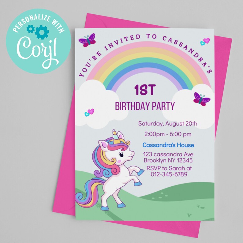 Unicorn Rainbow Birthday Invitation, Unicorn Party Invitation, Cute