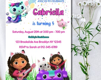 Maison de poupée numérique de Gabby, invitation d'anniversaire pour enfants maison de poupée Gabby Cat, Invitation imprimable numérique chat pour enfants