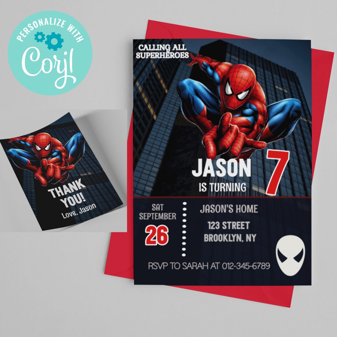 Editable Spiderman Birthday Invitation With a Thank You Card, Spiderman Digital Printable ...
