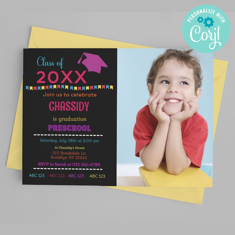 Graduation Party Invitation Template, Kindergarten School Photo Graduation Invite, Preschool