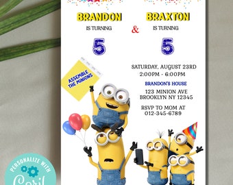 Minion Digital Twin Birthday Invitation, Minion Cartoon Theme Birthday Party Invitation, Twin Party Yellow and White Kids Birthday Invite