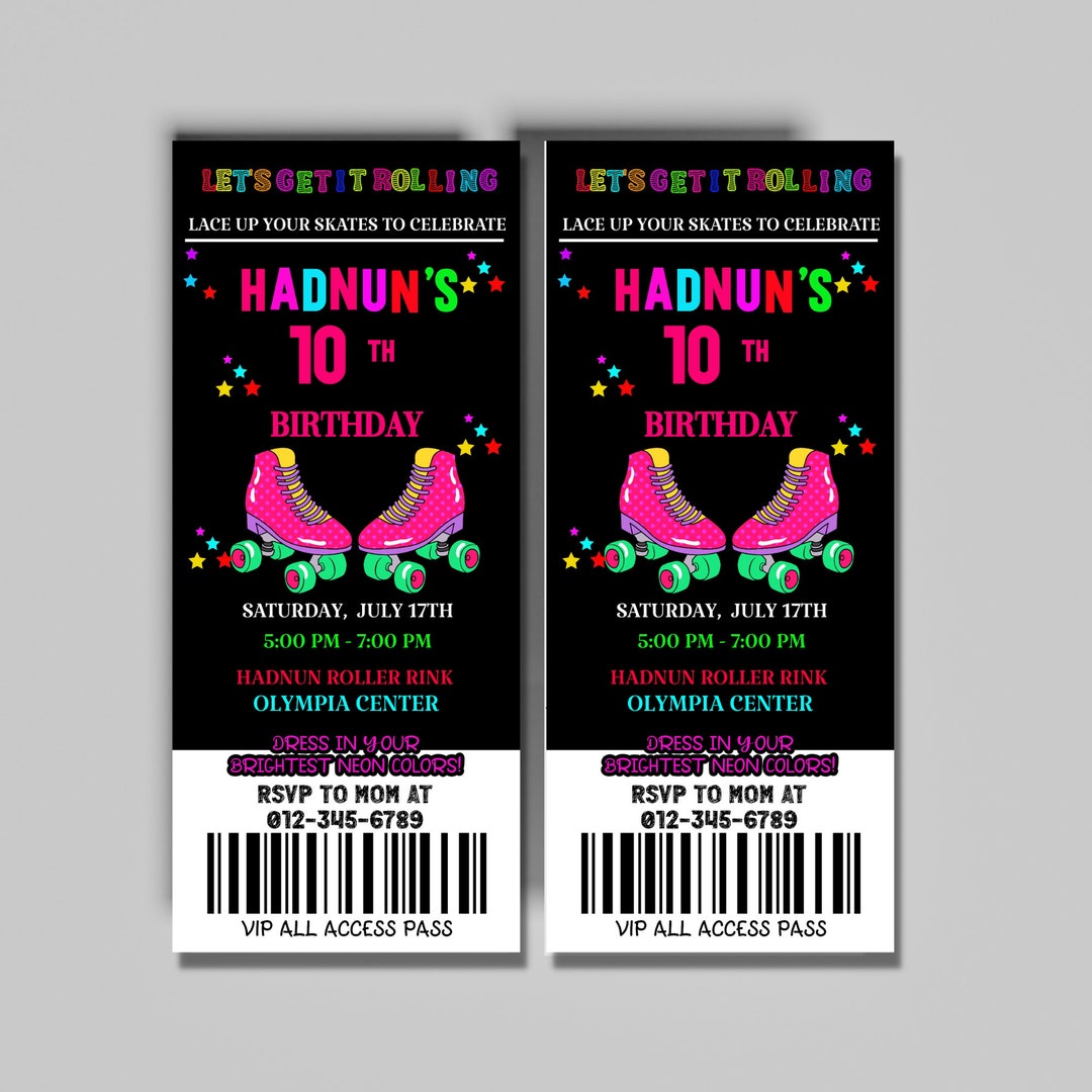 Digital Rollerskating Birthday Party Ticket Invitation, Rollerskating