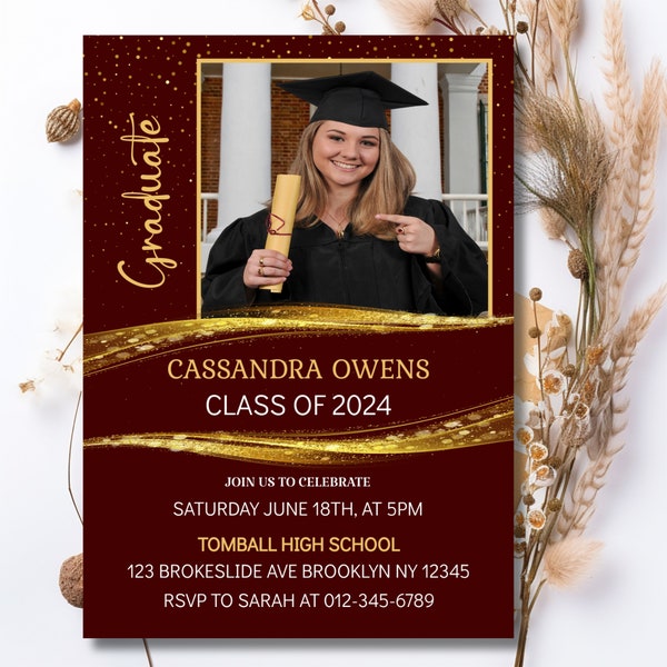 Graduation Party Invitation Template, High School & College Photo Graduation Invite, Photo Graduation Invitation, Gold Burgendy Color Invite