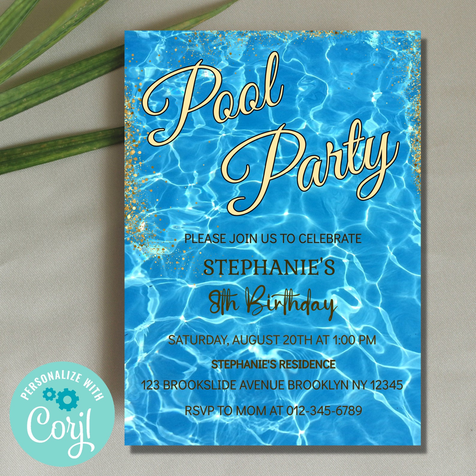 Pool Party Birthday Invitation, Kids Summer Pool Party Invitation, Blue