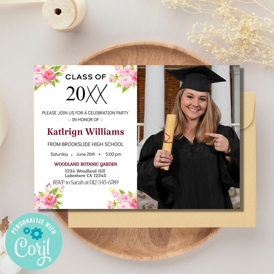 Graduation Party Invitation Template, Floral Graduation Invite, High