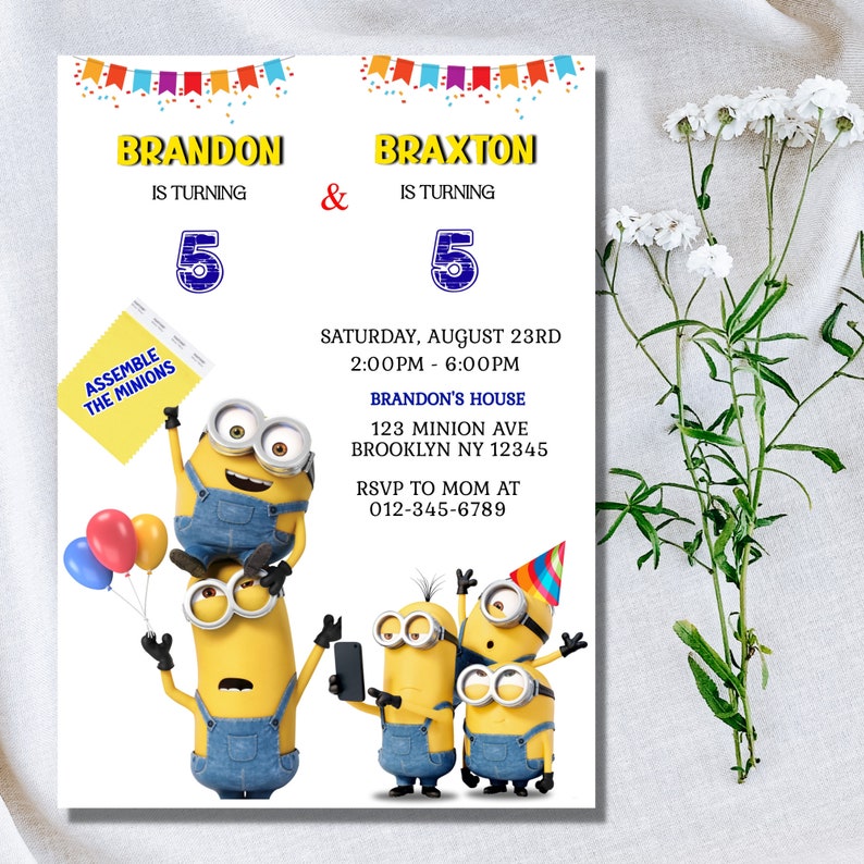 Minion Digital Twin Birthday Invitation Minion Cartoon Theme Etsy