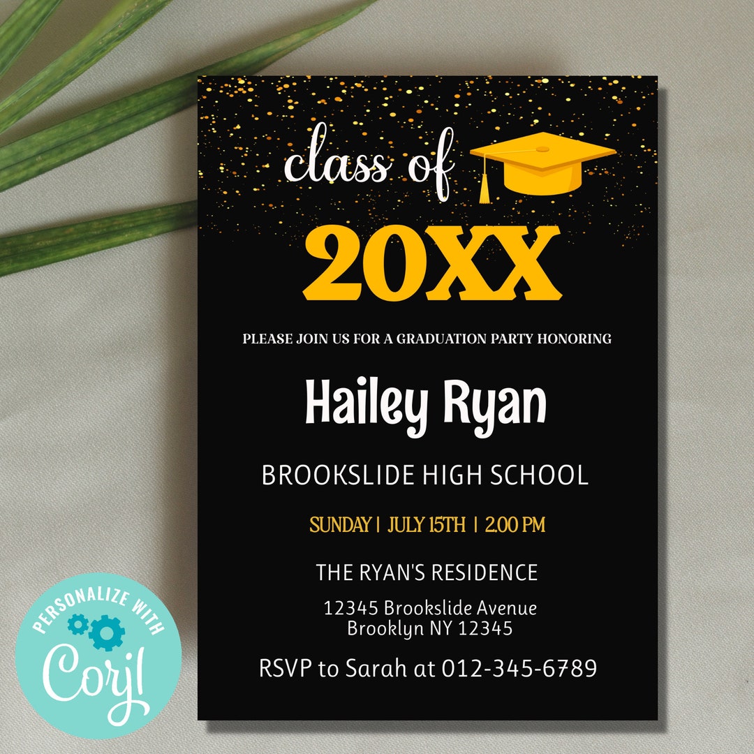 Graduation Party Invitation Template, Black and Gold Color Graduation Invitation, High School