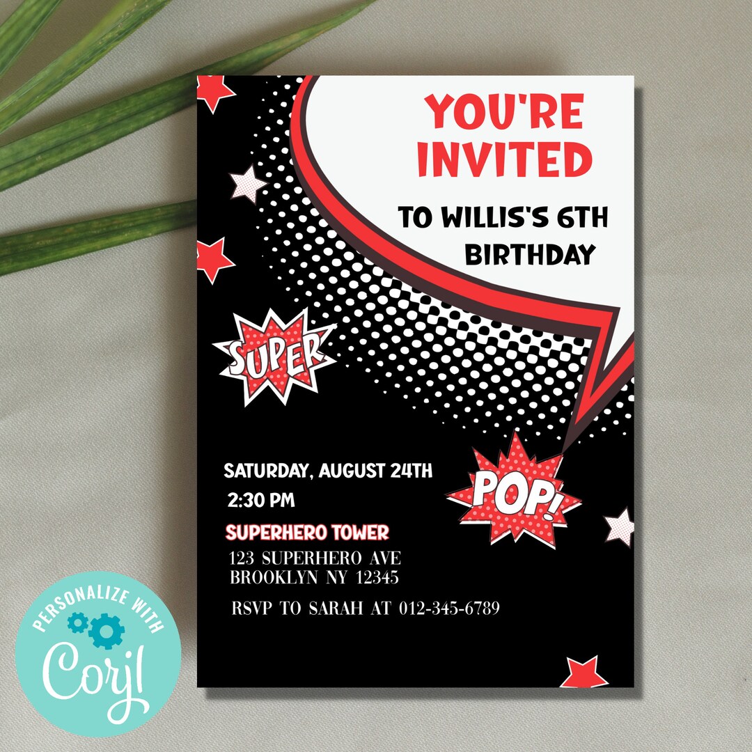 Superhero Birthday Invitation, Digital Superhero Party Invite, Kids