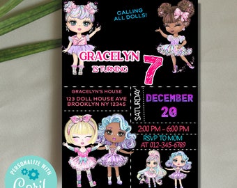 Doll Birthday Digital Invitation, Cute Dolls Birthday Cards, Editable Baby Doll Birthday Invitation, Girl Birthday Pink Invitation