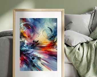 May include: Abstract art print with a colorful, swirling design featuring shades of blue, red, yellow, and purple. The design includes circles, lines, and dots, creating a sense of movement and energy.