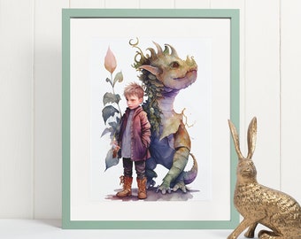 Dragon with Boy Child Poster Print Children's Room Decor Baby Boy Dragon Nursery Wall Art Vibrant Pastels Fairy Tale Dragon and Little Boy