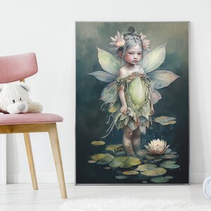 Flor hada niño cartel impresión lirio de agua flor hada niño satén impresión cartel fantasía hada flor niño vivero pared arte impresión niño'