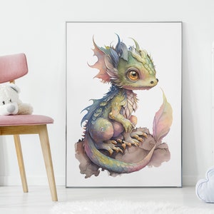 Fantasy Baby Dragon Watercolor Poster Print Magical Dragon Nursery Art Print Fairy Tale Dragon Child&#39;s Room Decor Pastel Colors Nursery Art