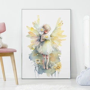 Daisy flor hada niño cartel impresión habitación de los niños decoración abril regalo de cumpleaños para niñas guardería acuarela pared arte abril mes de nacimiento