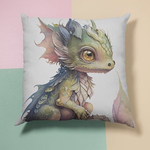 Fantasy Baby Dragon Throw Pillow Magical Baby Dragon Children&#39;s Pillow Decor Fairy Tale Dragon Pillow Nursery Decor Fantasy Pastel Colors