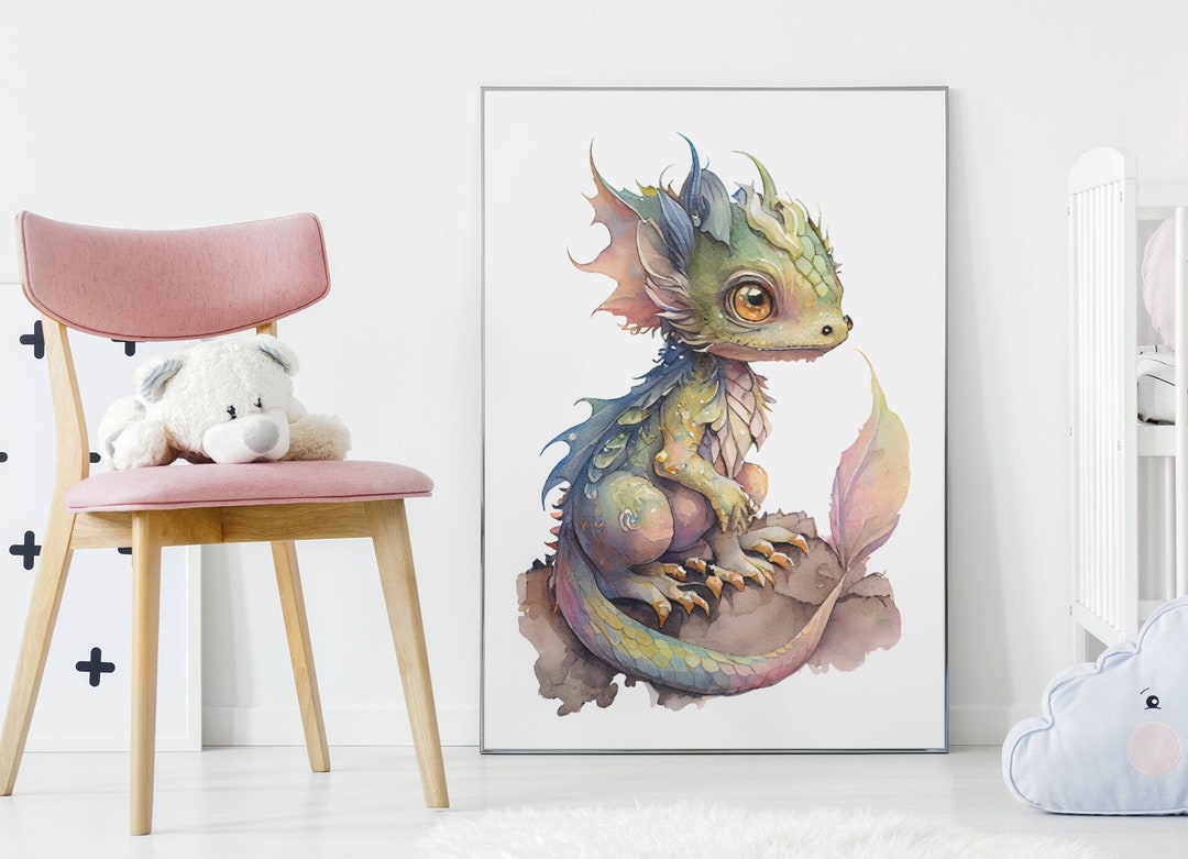 Fantasy Baby Dragon Watercolor Poster Print Magical Dragon Nursery Art ...