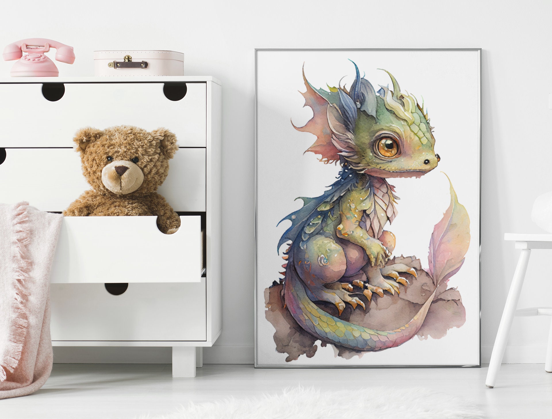 Fantasy Baby Dragon Watercolor Poster Print Magical Dragon Nursery Art ...