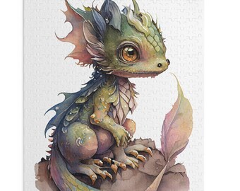 May include: A watercolor puzzle featuring a cute baby dragon. The dragon has green, blue, and pink scales, large brown eyes, and is perched on a rock. The puzzle pieces are white.