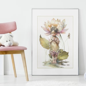 Flor hada niño cartel impresión flor de loto hada niño satén impresión cartel fantasía hada flor niño vivero pared arte impresión habitación del niño