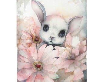 May include: Watercolor illustration of a white bunny with large, dark eyes, surrounded by soft pink flowers. The artwork has a dreamy, whimsical quality, with a light background and delicate brushstrokes. The bunny's fur is detailed, and the flowers have yellow centers.