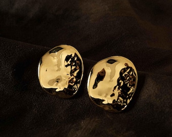 18k Gold-Plated Sculptural Stud Earrings, Molten Metal Asymmetrical Design