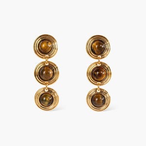 Alanis-oorbellen, 8k vergulde oorbellen met tijgeroog-stenen, vintage geïnspireerde concentrische cirkel bungelsieraden, elegant statementcadeau