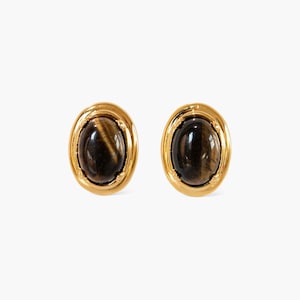 Tiger Eye Stud Earrings: 18K Gold Plated Brass, Minimalist Jewelry